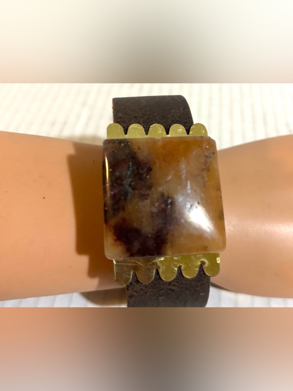 Handmade Brown Stone Leather Cuff Bracelet